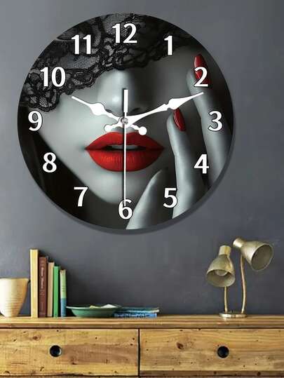 1pc Fashionable Wooden Wall Clock With Red Lip Print Lace Design, Battery Operated Silent, Suitable For Decorating Living Room, Bedroom, Kitchen And Office. It Can Serve As A Modern Home Decor Item And An Ideal Gift For Occasions Like Birthdays.