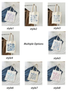 1pc Foldable Reusable Tote Bag With Blue Bowknot Pattern, Large Capacity Casual Grocery Bag, Minimalist Bohemian Style Handbag Suitable For Work, Travel, Shopping, School And More - Beige - View 12