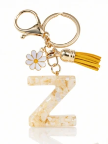 1 个米色贝壳字母钥匙扣（A-Z） - 树脂字母吊坠，饰有皮革流苏和滴油雏菊装饰，时尚钥匙圈，适用于包包/汽车，是送给女性和母亲的精美礼物，也适合送给妈妈、爸爸、毕业生和老师。 - 米色 - 查看 23