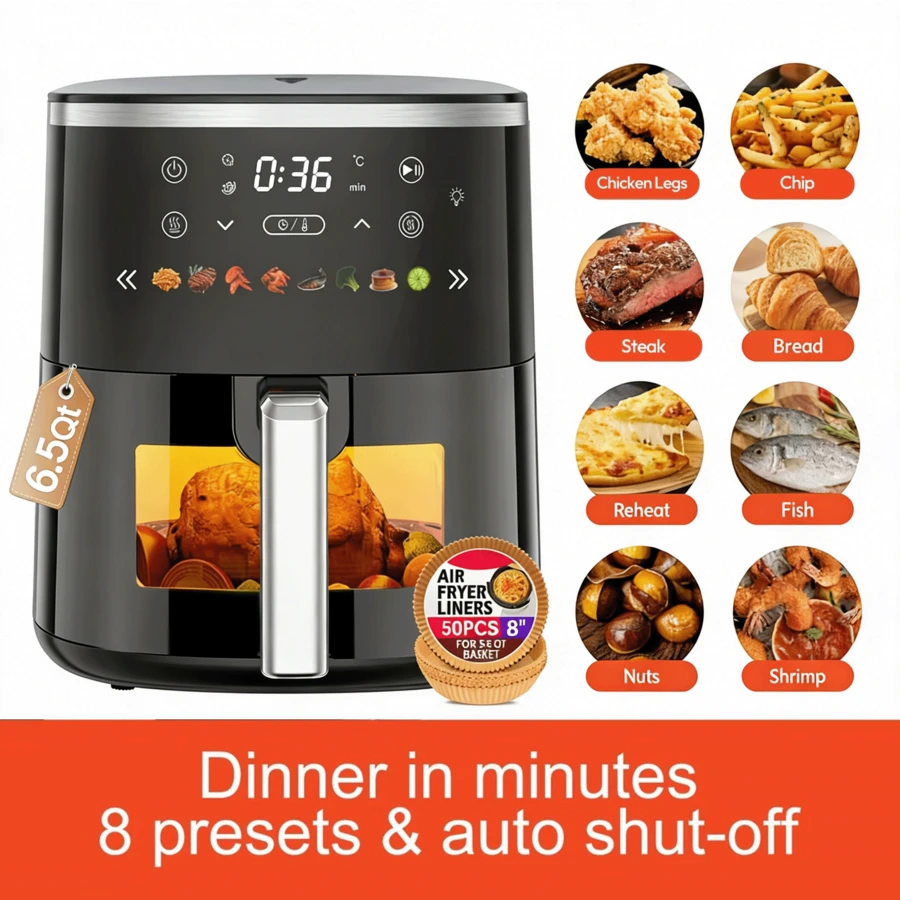 Air Fryer Digital Control With View Window 8 Presets For Fast Family Meals 6 Qt Large  Temp Timer Adjustable Roast Bake Crisp French Fries Steak 1550W