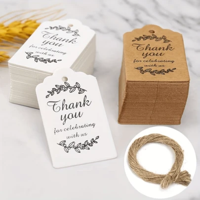 100 chiếc thẻ quà tặng Kraft "Cảm ơn bạn đã cùng chúng tôi chung vui", thẻ treo, thẻ trống có dây, trang trí quà tặng tiệc tùng ngày lễ.