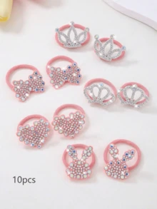 Set de 10 piezas de accesorios para el cabello de princesa lindos con corona de strass, mariposa, corazón y conejo, incluye ligas, diademas y pasadores para niñas - Multicolor - Ver 8