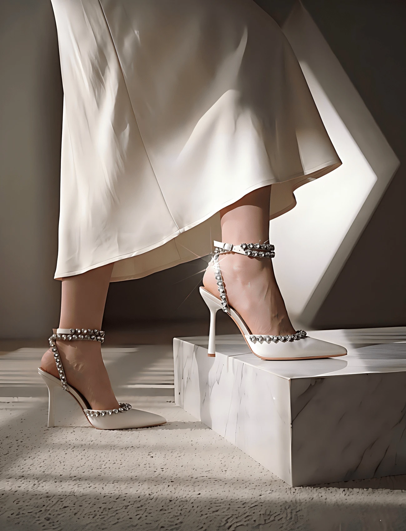 Women's Rhinestone Studded Strap Pumps Ankle Strap Stiletto High Heels Pointed Toe Sandals Dress Shoes For Ladies Bridal Dance - 白色 - 查看 1