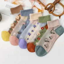 10 piezas/paquete Calcetines de verano transparentes con cristales, calcetines cortos de tubo para mujer, calcetines de tobillo con bordados de encaje, ultra delgados y transpirables anti-enganches (color y patrón aleatorios) - Multicolor - Ver 9