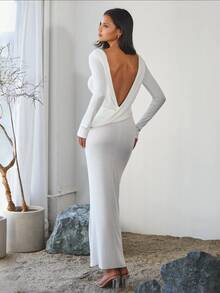 Elegant Sexy Vintage Long Sleeve Solid Color Semi-Sheer Maxi Dress, Backless Design For Beach, Evening, Party - White - View 3