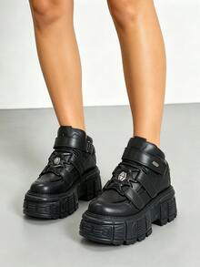 Heavy Metal Thick Sole High-Top Punk Style Women's Shoes, Black Round Toe Motorcycle Boots, Casual Lace-Up Athletic Shoes - Black - View 1
