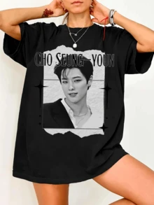 Black And White Retro Graphic T-Shirt For Cho Seung-Youn WOODZ K-Pop Fans - Black - View 1