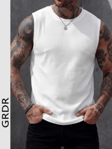 GRDR Men's Waffle Texture Sleeveless Tank Top, Fashionable Casual Versatile Knit Tank Top For Spring/Summer - White - View 1