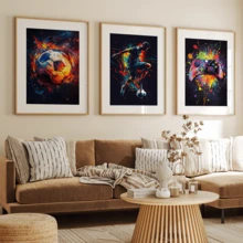 3 Stücke Fußball und Spielcontroller Leinwand Wandkunst Set, Graffiti Stil Sportdruck, Hochformat, wasserfestes Leinwandmaterial, fertig zum Aufhängen, geeignet für Teenager und Gamer Zimmer Dekoration, optional gerahmte Wandkunst - A - Übersicht 6