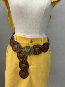 Cinturón con hebilla redonda de remache estilo retro, banda de cintura con ojetes de moda bohemia, versátil - Blanco - Ver 10