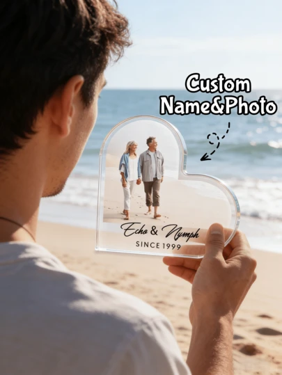 1Pc Custom Couple Photo & Text Acrylic Block Personalized Picture Collage Frame, Clear Solid Acrylic Photo Plaque Keepsake, Romantic Anniversary Wedding Valentines Day Gift For Him Her Husband Wife Boyfriend Girlfriend, Bedroom Desk Shelf Table Home Office Decor Display Souvenir Use