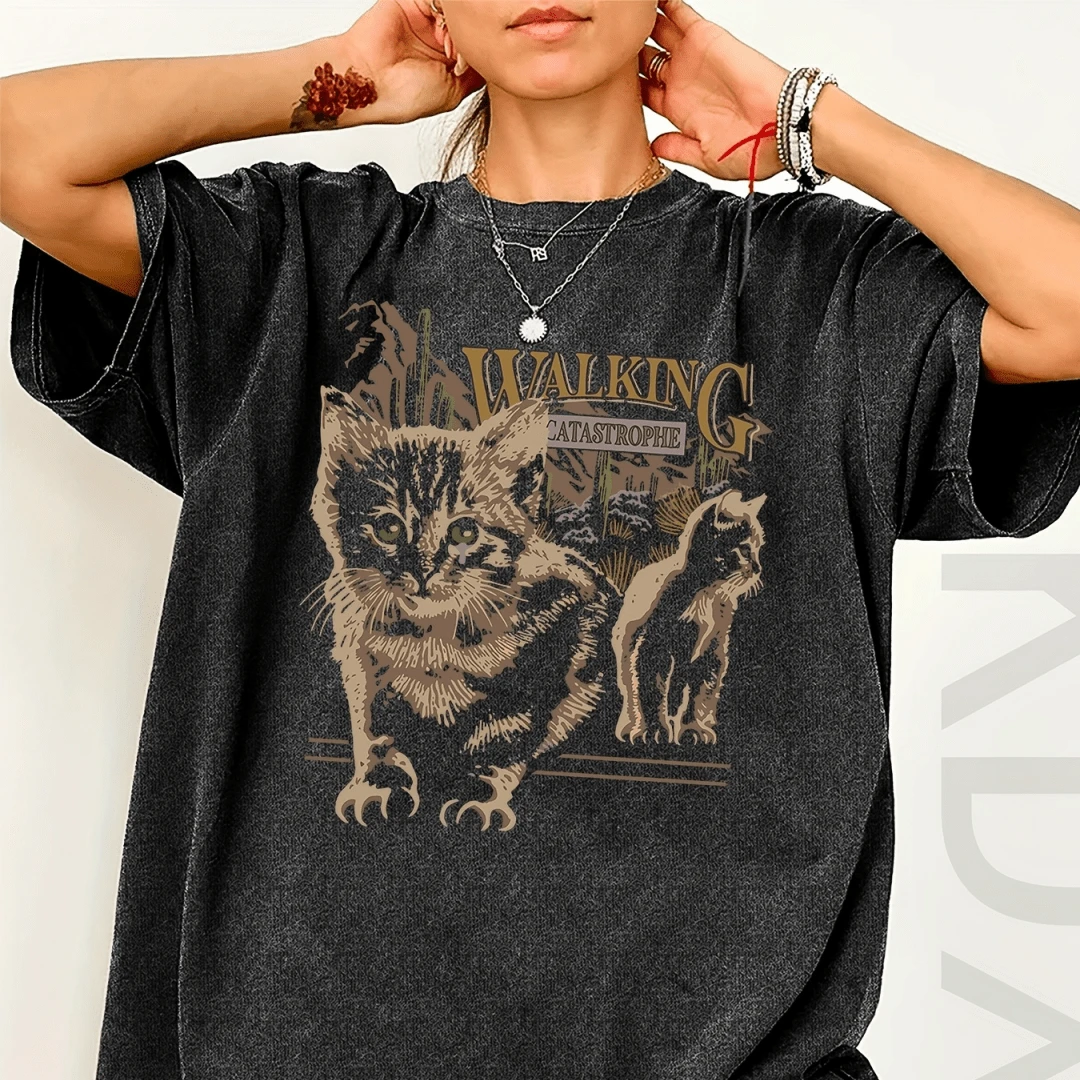Drawing Print Loose Round Neck Fashion Women's Washed T-Shirt, - 黑色 - 查看 1