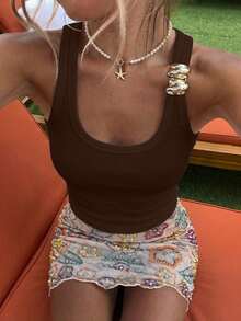 VIVINA 女款秋季休閒日常通勤簡約百搭純色方領金屬裝飾修身背心 波希米亞度假風時尚百搭上衣 秋冬棕色咖啡棕巧克力色上衣 - 咖啡棕 - 查看 7