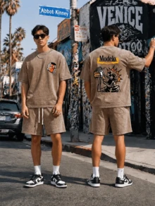 Modelo Skeleton & Beer Graphic Printed Street Style Men's Casual Wear 230g Washed Cotton Round Neck Short Sleeve Comfortable & Breathable Double - Sided Printed Tee For Summer High - Quality Design, For Summer, Daily Atire - Cà phê nâu - Xem 2