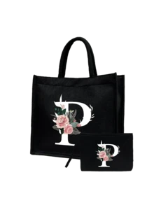 Women's Printed White Letter A-Z Tote Bag, Large Capacity Shoulder Bag, Foldable Durable Shopping Bag, Portable Handbag, Travel Cosmetic Bag, Coin Purse, Suitable For Vacation, Party, Shopping, Work Commute, Birthday, Mother's Day, Wedding, Spring/Summer - Multicolor - View 30