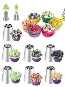 9pcs Stainless Steel One-Piece Icing Piping Nozzles Set, Assorted Designs For Baking, Cake Decorating, Flower & Leaf Piping - 9-piece Butter Piping Tip Set - View 1