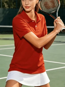 女士休闲纯色短袖运动Polo衫，适合夏季日常通勤 - 紅色 - 查看 2
