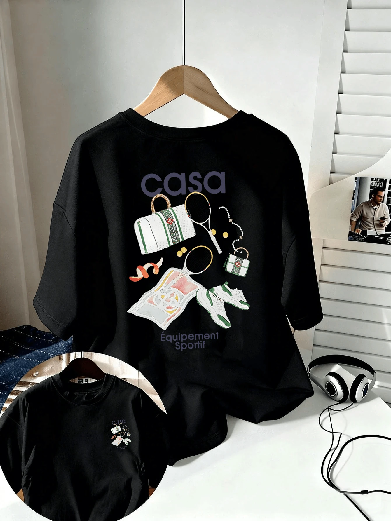 Summer Cotton T-Shirts, Short Sleeves For Men, Prints For Sports Equipment In CASA Short Sleeve. Simple And Luxurious Jackets. Clothing For The Day. Men's Birthday Gift Options. - Black - View 1