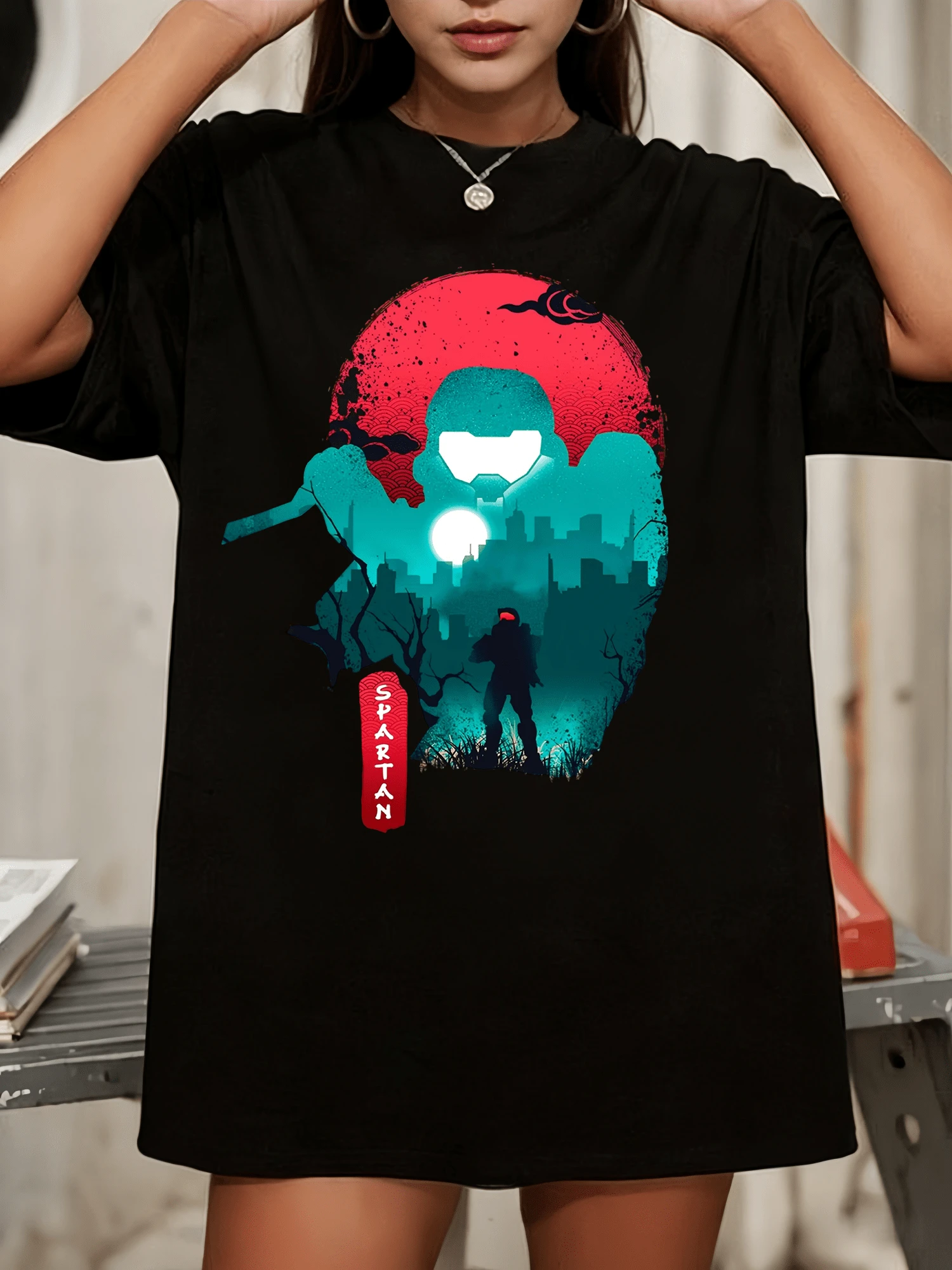 Halo Master Chief Japanese Sunset Silhouette Casual Loose Fit T-Shirt - Black - View 1