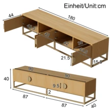 180cm TV Unit With Grained Wood Finish – Modern Dining Room Unit, 4 Doors, Semi-Circular Handle - Khaki - View 3