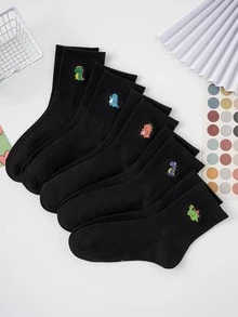 5雙刺繡恐龍圖案可愛趣味女款襪子，中性款，四季適用，舒適透氣，適合日常穿著 - 黑色 - 查看 5