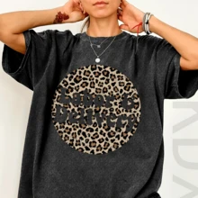 Drawing Print Loose Round Neck Fashion Women's Washed  T-Shirt, - 黑色 - 查看 1