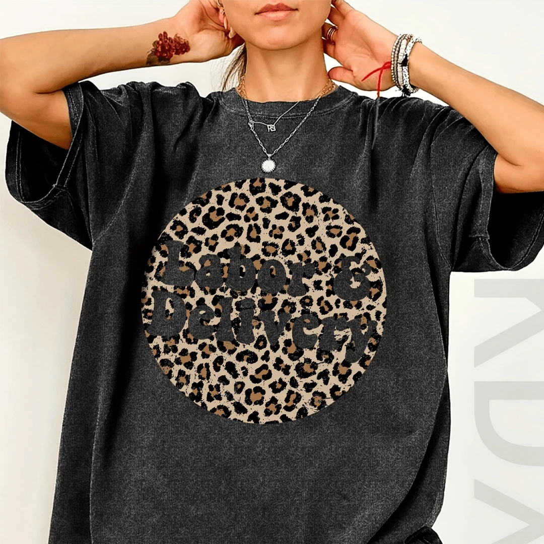 Drawing Print Loose Round Neck Fashion Women's Washed T-Shirt, - 黑色 - 查看 1