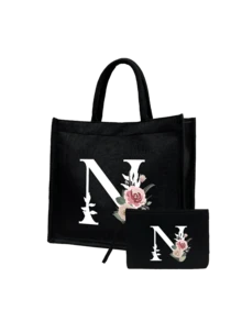Women's Printed White Letter A-Z Tote Bag, Large Capacity Shoulder Bag, Foldable Durable Shopping Bag, Portable Handbag, Travel Cosmetic Bag, Coin Purse, Suitable For Vacation, Party, Shopping, Work Commute, Birthday, Mother's Day, Wedding, Spring/Summer - Multicolor - View 26