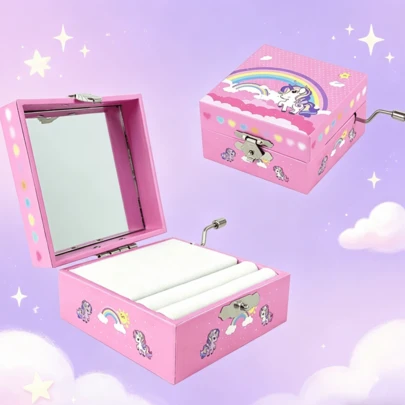 Unicorn Music Box, Pink Wooden Jewelry Box With Mirror, Cute Rainbow Pony Music Box, Suitable For Children And Girls Birthday Gift