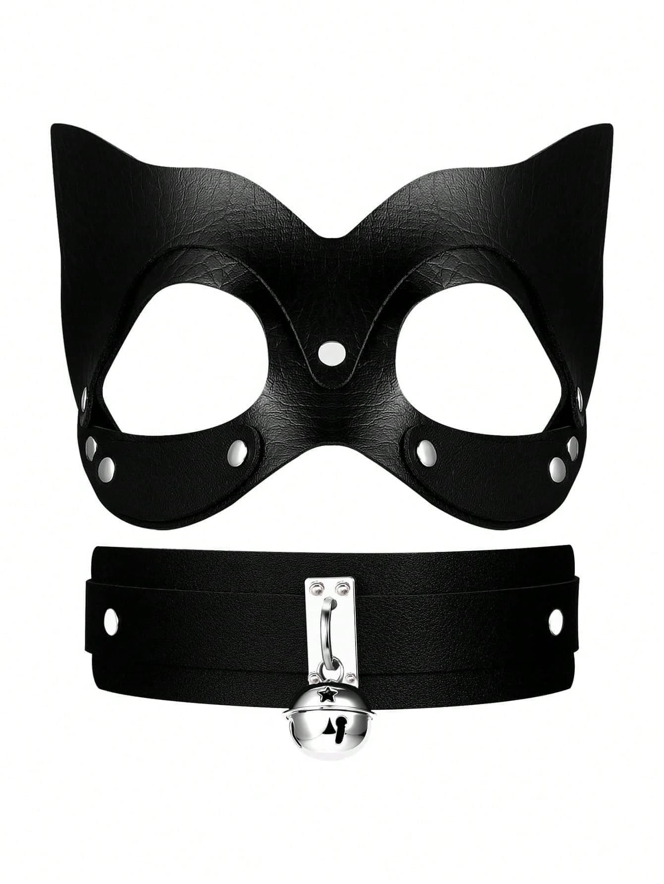 Women's Cat Leather Mask & Collar Set, Black Half Face Masquerade Mask Cosplay Props For Halloween - Black - View 1