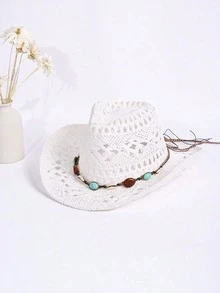 1pc Bohemian Style Casual Braided Beaded Hollow Out Panama Straw Hat Western Cowboy Hat Sun Hat Multi-Functional All Season - MZ3056+ML56 - View 3