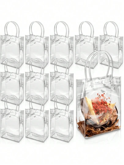 20 PIEZAS Bolsas de regalo transparentes con botón, bolsas de compras de PVC con asas, bolsos reutilizables impermeables, bolsas de regalo de plástico transparente, bolsas de obsequio para fiestas, bolsas de transporte transparentes a granel para bodas, cumpleaños, Día de la Madre
