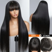 24-40 Inch Black Straight Human Hair Wigs With Bangs For Women Straight Wear And Go Glueless No Lace Closure Wigs For Beginners Brazilian Virgin Human Hair Middle Part - Natural Black - View 2