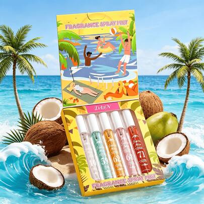 Conjunto de presente com 5 sprays de fragrância brasileiros de 10ml cada, sem álcool, fragrância duradoura, contendo notas de ameixa, baunilha, amadeirado, sândalo, violeta, pistache, caramelo salgado, jasmim e um aroma floral amadeirado. Adequado para ambientes internos, escritório, externos, encontros e outras ocasiões. Presente ideal para o Natal, Ano Novo, Dia dos Namorados e outras datas comemorativas.