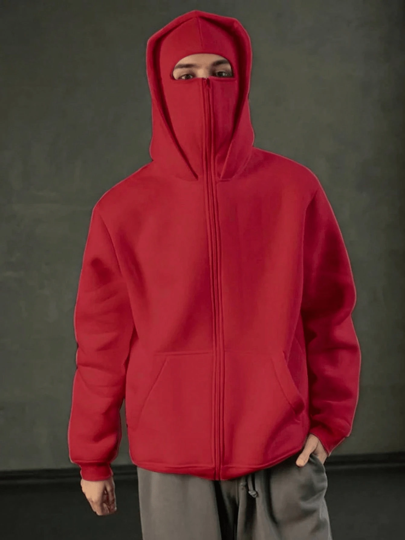 Balaklava, A Must-Have Item For Social Anxiety Sufferers. A Face-Covering Style, Loose Large-Sized And Long Double-Layered Hooded Zipper-Style Pullover Hoodie And Hooded Sweater. Suitable For Men's Autumn/Winter Clothing, Halloween Costumes, Christmas Costumes, Men's Outerwear, Fashionable Style, Men's Hooded Sweater. - 紅色 - 查看 1