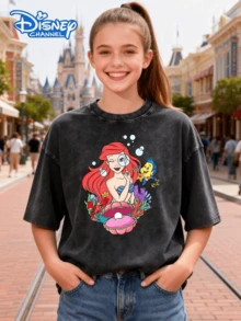 [Disney Official Authorization] This Disney Women's T-Shirt Features A Creative Double-Sided Print Of The Disney Princess Ariel's Lettering And Cartoon Design. It's A Spring/Summer Style Round Neck Vintage-Inspired Washed Cotton T-Shirt, Made Of Soft And Comfortable Pure Cotton Fabric, Suitable For Everyday Wear, Shopping, Travel, And Casual Occasions. It Also Makes A Wonderful Gift. - 黑色 - 查看 2