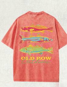 Men's Casual Summer Washed Cotton T-Shirt Old Row Outdoor Fish Print, Round Neck Short Sleeve Lightweight Knitted Fabric, Rib Details 100% Cotton - 橘紅色 - 查看 2