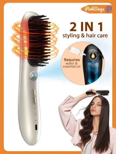 PinkSings Bàn chải duỗi tóc không dây 3 trong 1 sạc lại được, phun sương nano, dễ dàng uốn xoăn, kèm dầu dưỡng tóc, làm nóng tức thì.