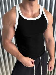 Áo tank top nam thời trang thường ngày, ôm sát, co giãn, phối màu tương phản - màu đen - Xem 1