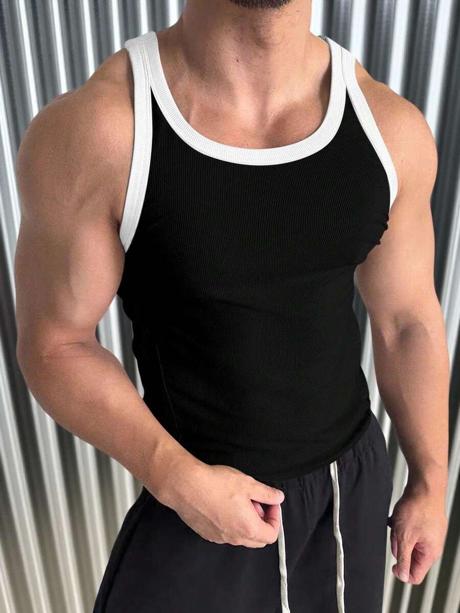 Áo tank top nam thời trang thường ngày, ôm sát, co giãn, phối màu tương phản - màu đen - Xem 1