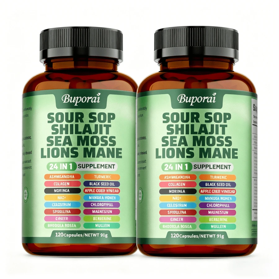 BUPORAI Soursop Shilajit Sea Moss Lion's Mane - Has Natural Antioxidant Properties To Boost Immunity And Support Cell Regeneration - 120pcs - 2 Bottles - View 1