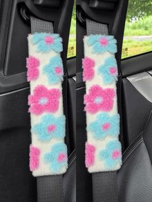 Juego de 3 piezas/2 piezas/1 pieza de accesorios interiores para automóvil, funda de volante y almohadillas para el hombro del cinturón de de peluche con estampado floral, antideslizante, cálido, lindo, personalizado, adecuado para todas las estaciones - Unitalla - Ver 26