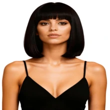Peluca negra corta y recta de 12 pulgadas con flequillo, reflejos marrones, sintética resistente al calor de apariencia natural para uso diario de mujeres - Multicolor - Ver 13