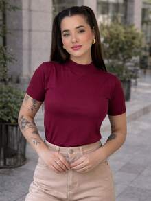 T-shirt Básica Lisa Blusa Gola Alta Manga Curta Camiseta Algodão Casual - Marsala - Visão 11