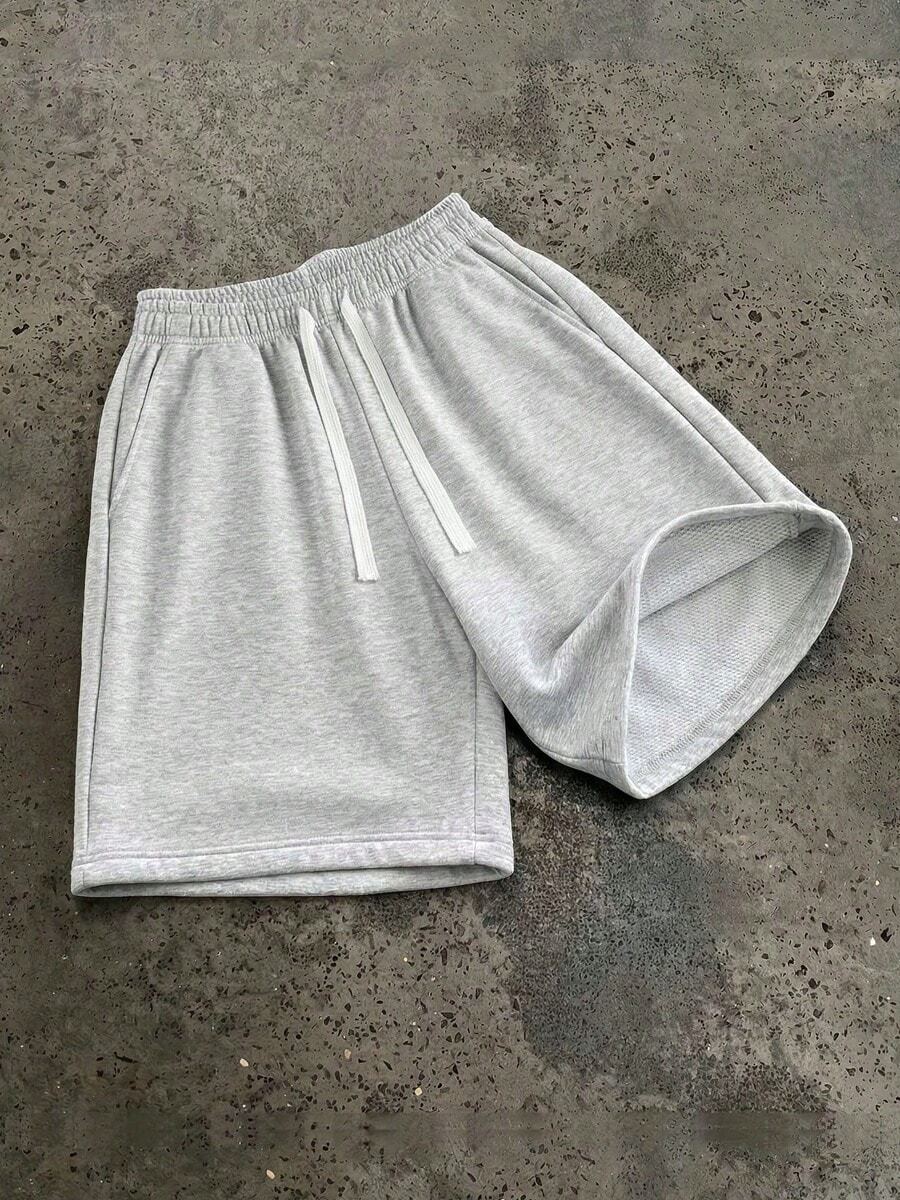 1pc Men's Black Solid Color Contrast Drawstring Minimalist Casual Style Knee Length Shorts, Machine Washable And No Ironing Needed Sports - Grey - View 1