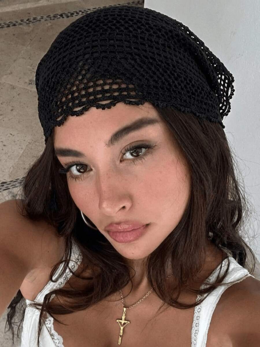 1 pieza Bufanda triangular de ganchillo hueco vintage, estilo de la campiña francesa, adecuado para mujeres en todas las estaciones, se puede usar como pañuelo para la cabeza, diadema, pañuelo o chal, se adapta a los viajes diarios, salidas, reuniones casuales, combina bien con vestidos y camisas para un aspecto suave - Negro - Ver 1