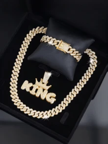 3pcs Miami Cuban Link Necklace/Bracelet/Pendant Set, Hip Hop Fashion Letter Pendant Necklace, Men's Party & Music Festival Jewelry, Bold Design For Casual Outfit, Multifunctional Jewelry Accessory Gift - Letter Necklace - View 2