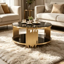 Modern Black Glass Coffee Table, Luxury Living Room Tables With Double Glass Top, Round Coffee Table With Gold Steel Base, Sofa Table With Glass Round Top, Center Table For Living Room / Home / Office - Black - View 5