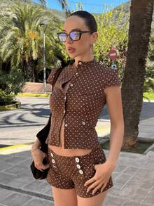 HZXVIC Damen neuer süßer Polka Dot Kurzarm Knopfoberteil + Polka Dot Shorts mit hoher Taille Set, elegant für den Sommer - Braun - Übersicht 12