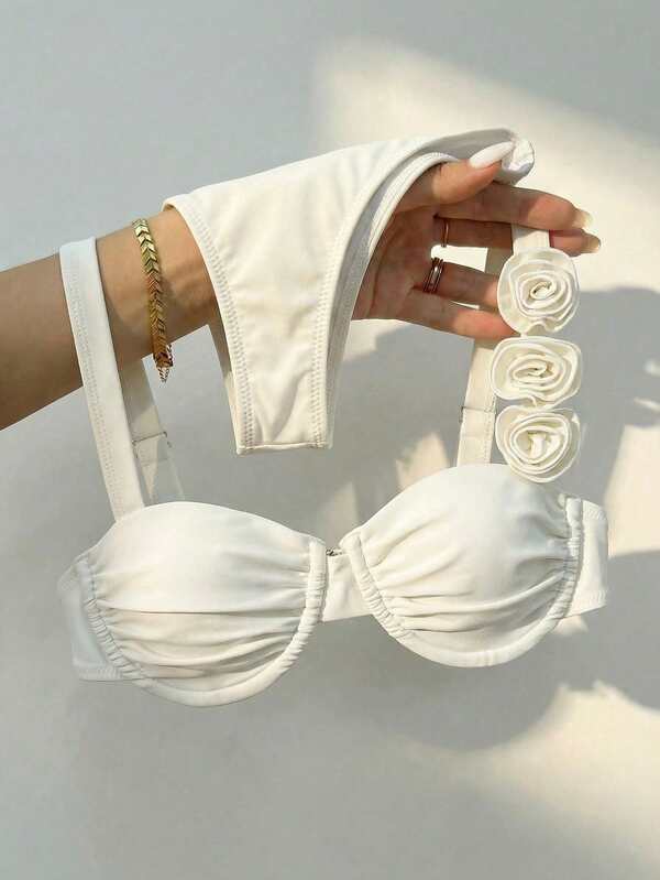 Swmmer Liket Bikini de mujer con sostén de aros, unicolor, con flores tridimensionales, sexy y dividido para vacaciones en la playa en verano